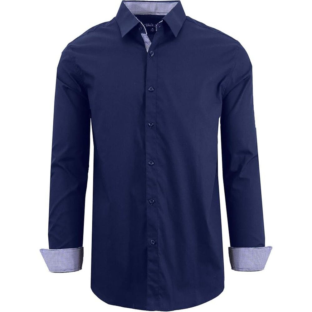 GALAXY BY HARVIC Dress Shirt Long Sleeve Navy Blue Blue Gingham MEDIUM